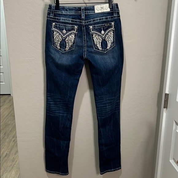 Miss Me Jeans Blue Straight Angel Wing Leather Bling Vintage Y2K Rhinestone Slim - Picture 1 of 14